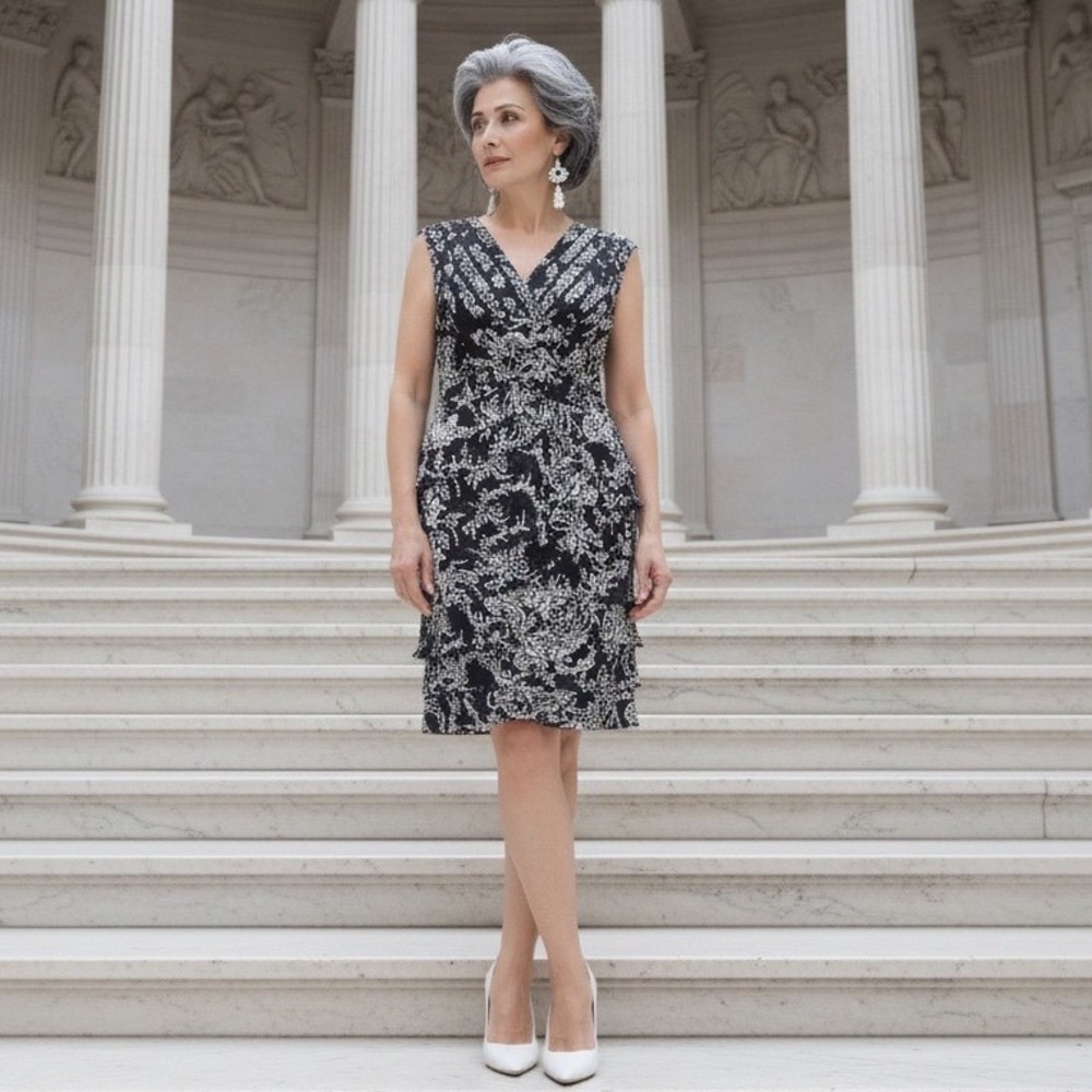 Adrianna Papell Black White Paisley Tiered Ruffle Cocktail Dress Size 10 Mesh